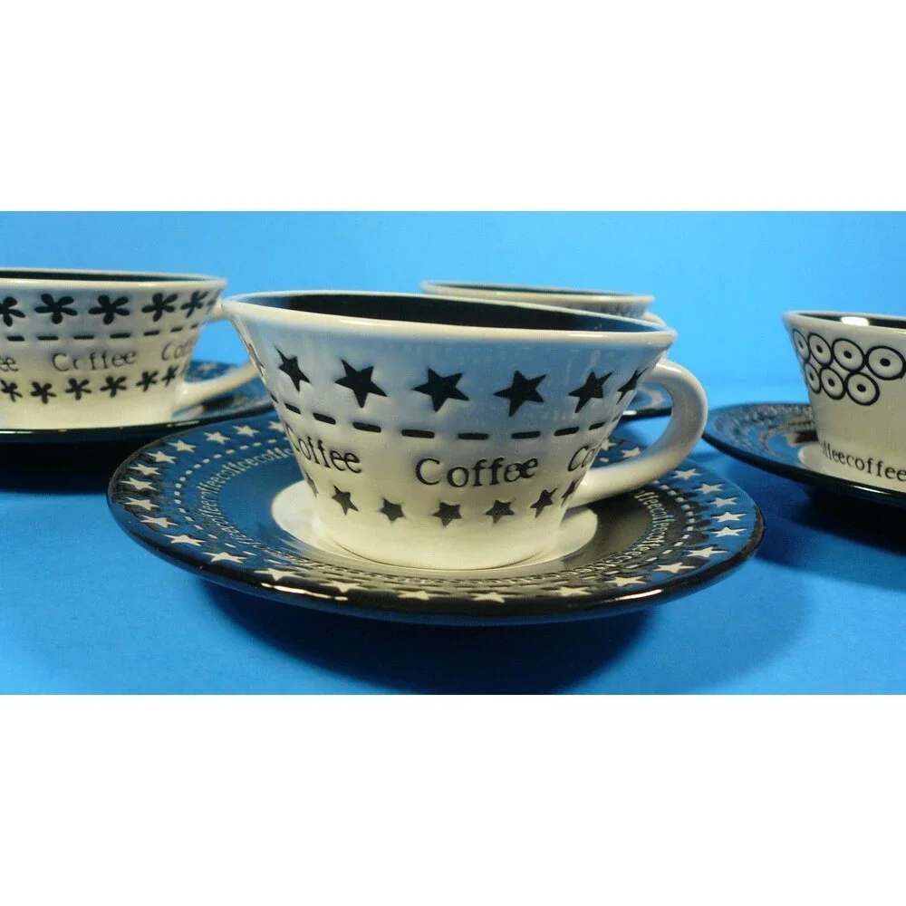Cuisinart Madison Cafe 4 Espresso Coffee Cups & Saucers Demitasse Black White